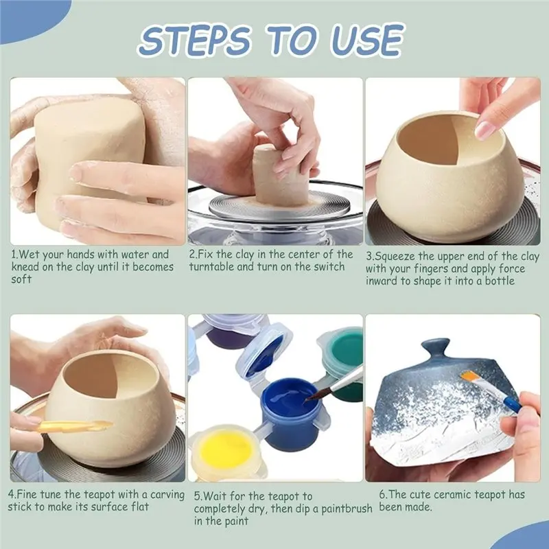 PHFU-DIY Home Pottery Tool- Mini Electric Pottery Wheel For Kids& Adults, Portable Pottery Machine EU Plug