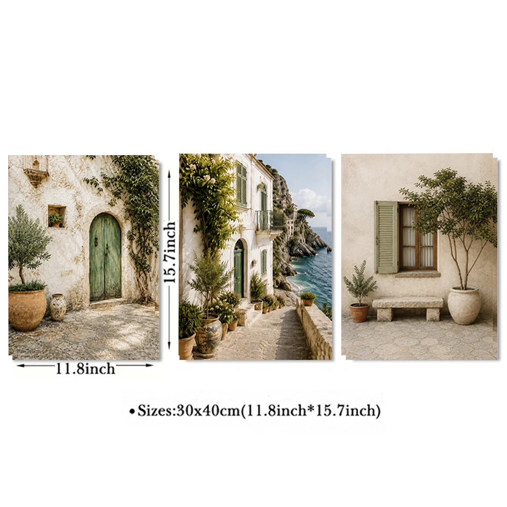 Set of 3 Italian Coastal Village Canvas Wall Art Mediterranean Seaside Alley Print Rustic European Landscape Bedroom Decor