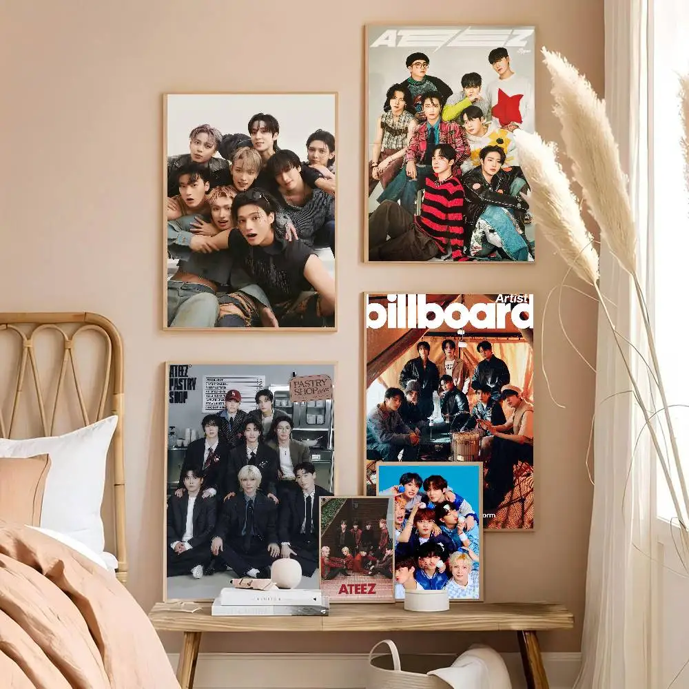 A-ATEEZ KPOP Whitepaper Movie Sticky Posters Retro Kraft Paper Sticker DIY Room Bar Cafe Aesthetic Art Wall Painting