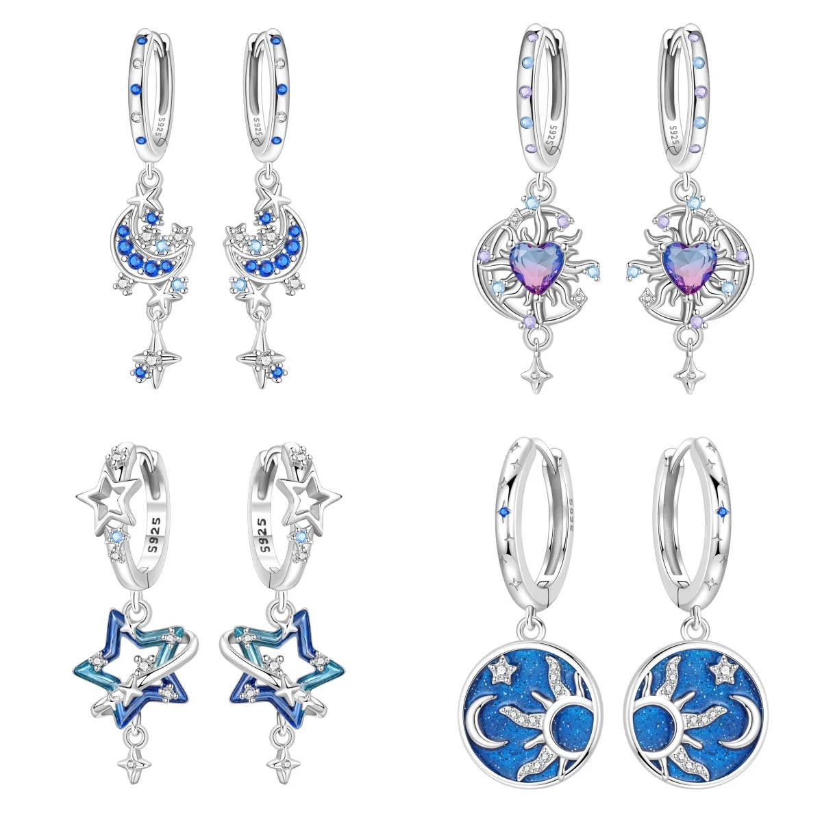 Orstarry S925 Sterling Silber Sonne Mond Stern Creolen, Hängeohrringe mit Himmelsmotiv, trendiger Modeschmuck für Damen