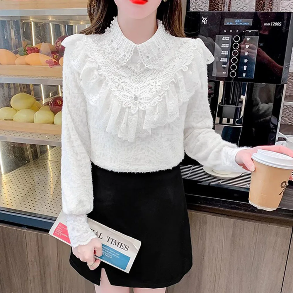 Autumn Winner Shirt For Women Fashion Beading Office Blusa Vintage Tops Elegant Ruffles Women Lace Blouses Loose Casual Shirts