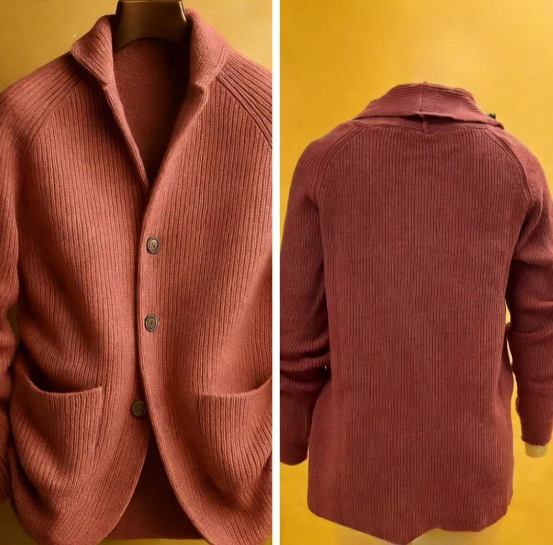 

2026 Spring Autumn Men's Fashion Casual Knit Cardigan Single Breasted Green Fruit-shaped Collar Solid Color Long Sleeve Jacket