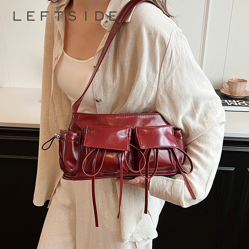 LEFTSIDE Podwójne Kieszenie Skórzane Torebki na Ramię Damskie PU Nowy Trend Mody 2025 Torba Crossbody Srebrne Torebki Damskie