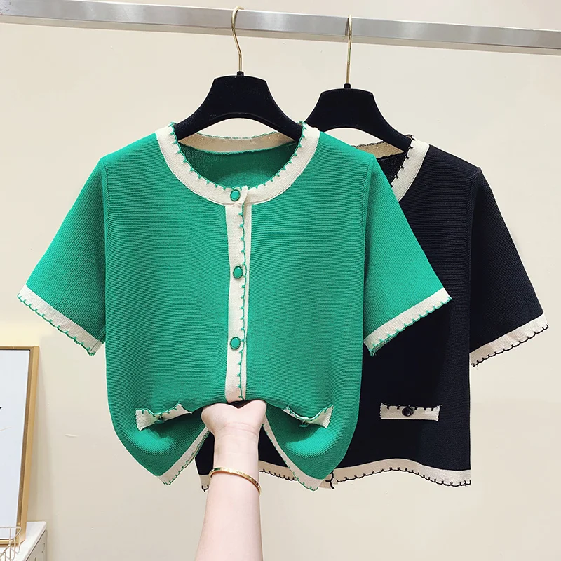 Summer Vintage Short Sleeve Sweater Cardigan Women Contrast Thin Knitted Cardigans Crop Tops Temperament Short Style Tees Coat