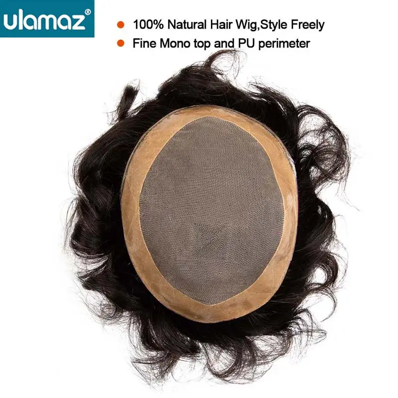 Rambut palsu pria, prostesis Mono pria, rambut palsu, berventilasi, sistem pengganti rambut untuk pria, Wig alami 100%, rambut manusia