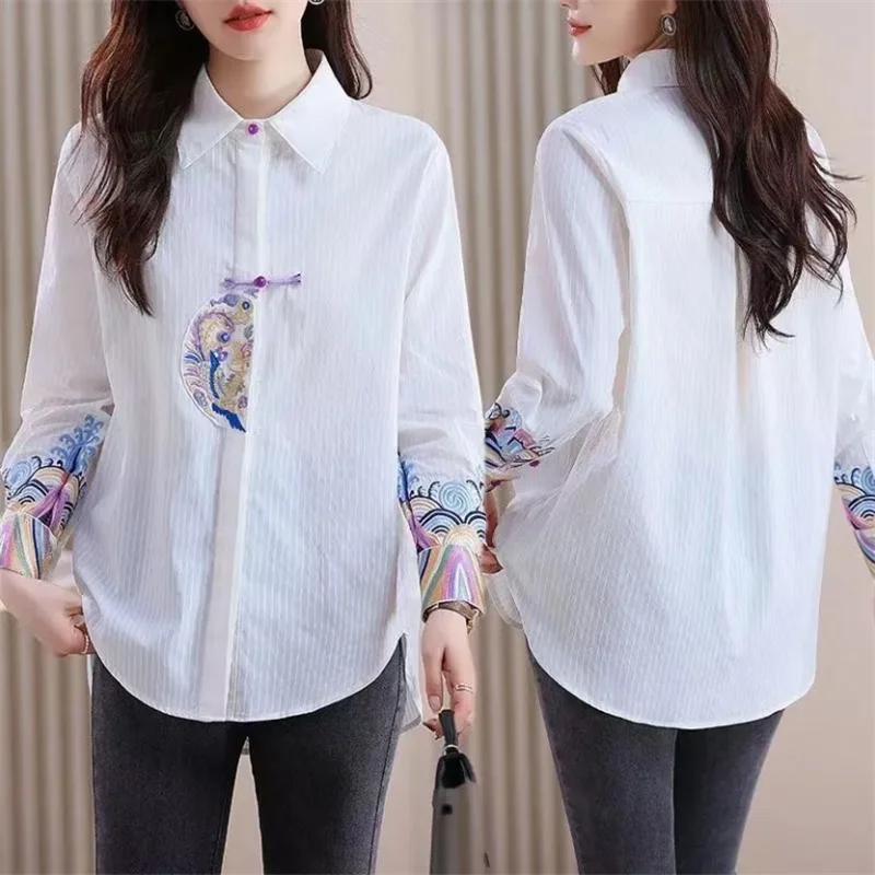 Retro Blouse Women\'s Shirt Embroidery Blouses Chinese Style Woman Clothes Shirts Laple Cardigan Top Casual Loose Female Shirt