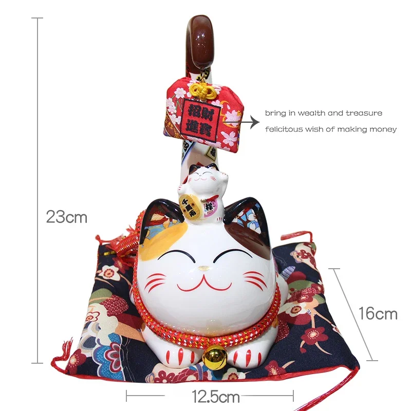 9 inch Ceramic Maneki Neko Ornament Lucky Cat Money Box Japanese Long Tail Fortune Cat Feng Shui Decoration Wedding Gift