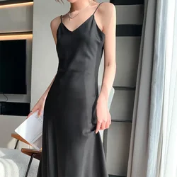 Summer Women Satin Silk Sleeveless Long Dress Low Cut V-Neck Solid Color Spaghetti Strap Dress-up Maxi Sundress Streetwear