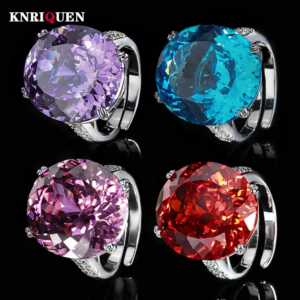 

New Retro 18*20MM Aquamarine Amethyst Quartz Rings for Women Lab Gemstone Cocktail Party Fine Jewelry Accessories Gift Wholesale