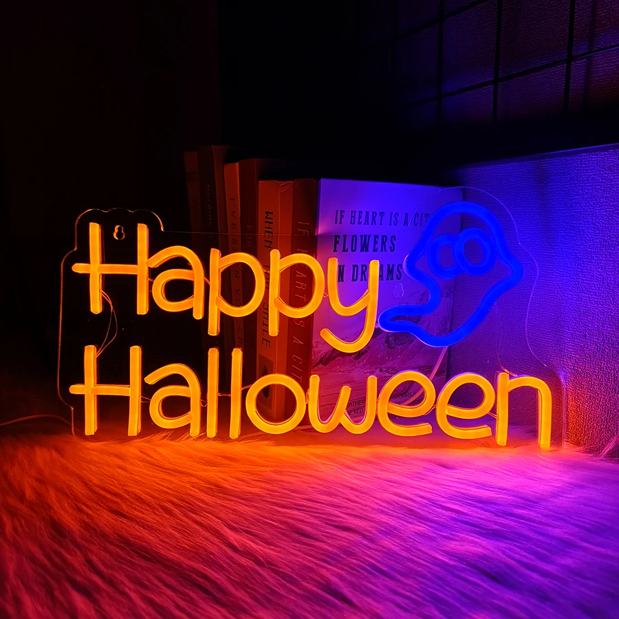Happy Halloween Neon Sign, Ghost Icon Hand-Made, Usb Powered, Used For Room, Horror Space, Bar, Club, Halloween Art Decor.