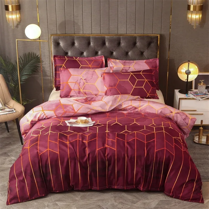 Wine Red Geometric Marble Pattern Duvet Cover Set and 2 Pillowcase,3-Piece Soft Fluffy Bed Linen Set with Zip,Luxury Bedding Set