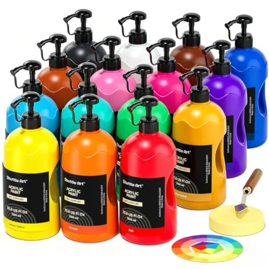 15 Colors Acrylic Paint Set, 33.8oz/1000ml Large Capacity Pump Bottles, Rich Pigments, High Coverage Paint, Fast Drying, Non-To