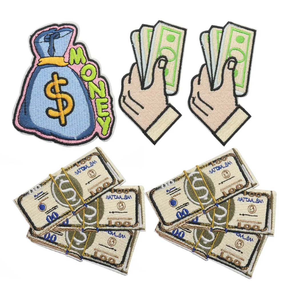 2PC Creative Riches Dollar USD Money Embroidery Iron on Patch Badge Clothes Appliques DIY Child T-shirt Bag Hat Sewing Accessory