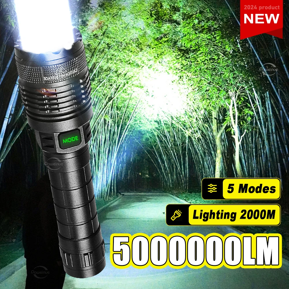 

High Lumen LED Tactical Flashlight IPX6 Waterproof Camping Work Light 2000M Long Illumination Distance USB Rechargeable Lantern