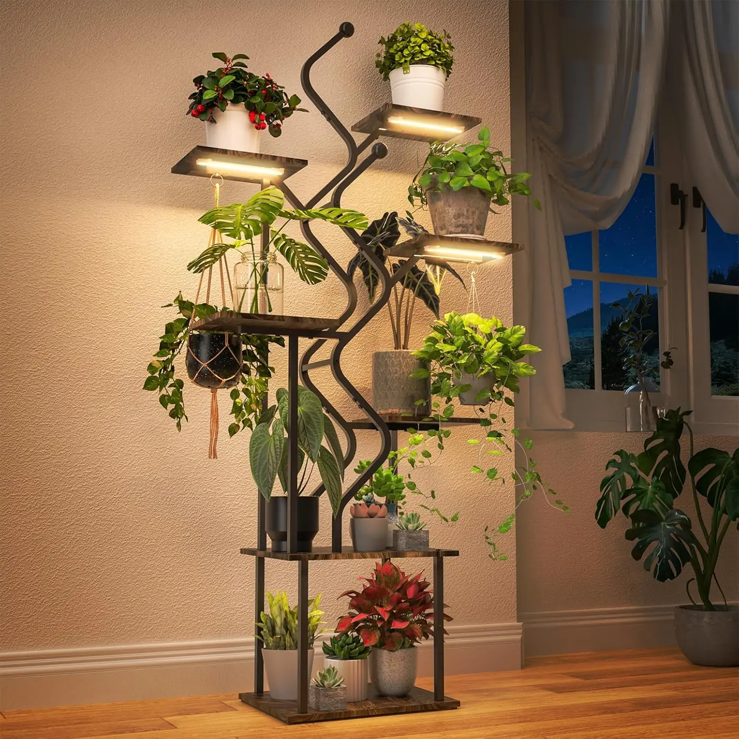 

7-Tier Indoor Plant Stand with Grow Light, 63-Inch Shelf with Hanging Hooks for Living Room & Patio, Black