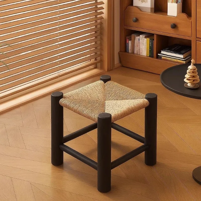 Solid wood low stool rattan small bench antique living room household simple home shoe change stool