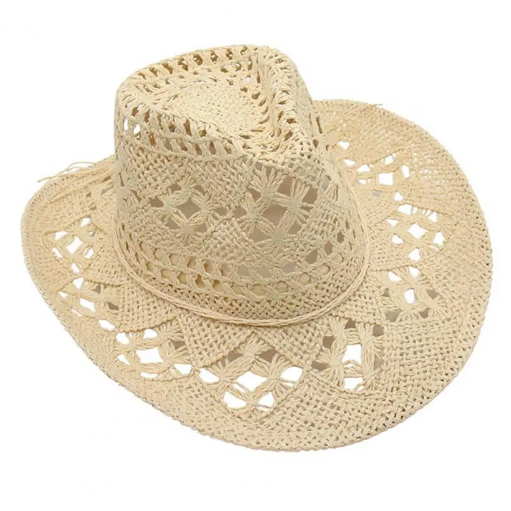 Women Cowboy Hat Unisex Hollow Out Summer Hat Solid Color Curled Edge Strap Jazz Hat Decorative Vintage Braided Straw Hat