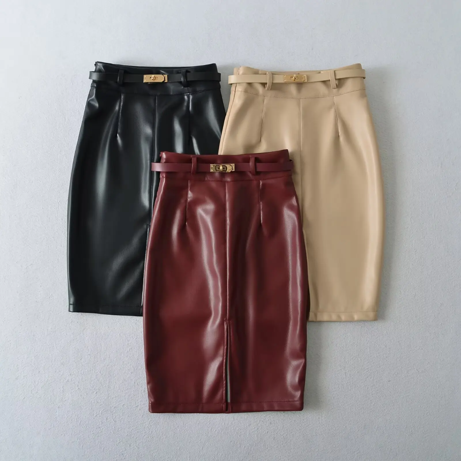 High Waist PU Leather  Skirt Sexy Tightening Show Long Legs Front Slit Belted Trendy Commute Casual High Waist Short Skirt