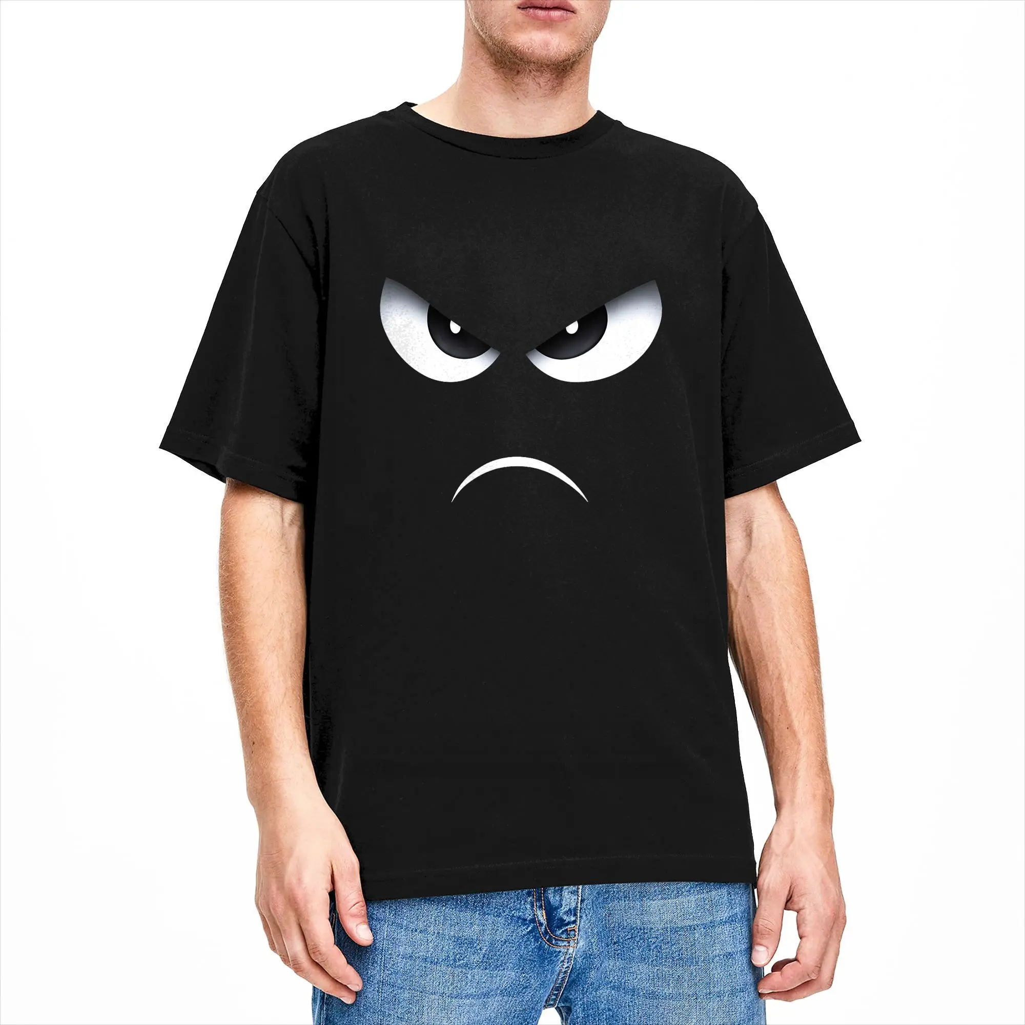 Men's Angry Eyes and Frown Face Minimal Graphic T Shirt  Pure Cotton Clothing Novelty Short Sleeve Crewneck Tee Shirt Gift