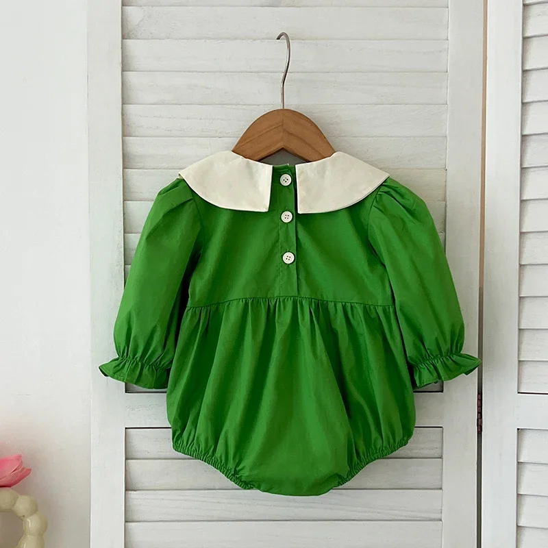 Infant Bodysuit Autumn Baby Girl Clothes Spring Cotton Puff Sleeve Princess Green Romper Embroidered Flowers Clothing Outfits