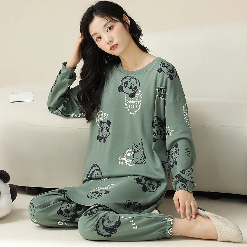 Long Tops + Pants 2 Pieces Set Autumn Women Pyjama Suit Striped Print Home Service Ladies Casual Pajamas Cotton Female Sleepwear