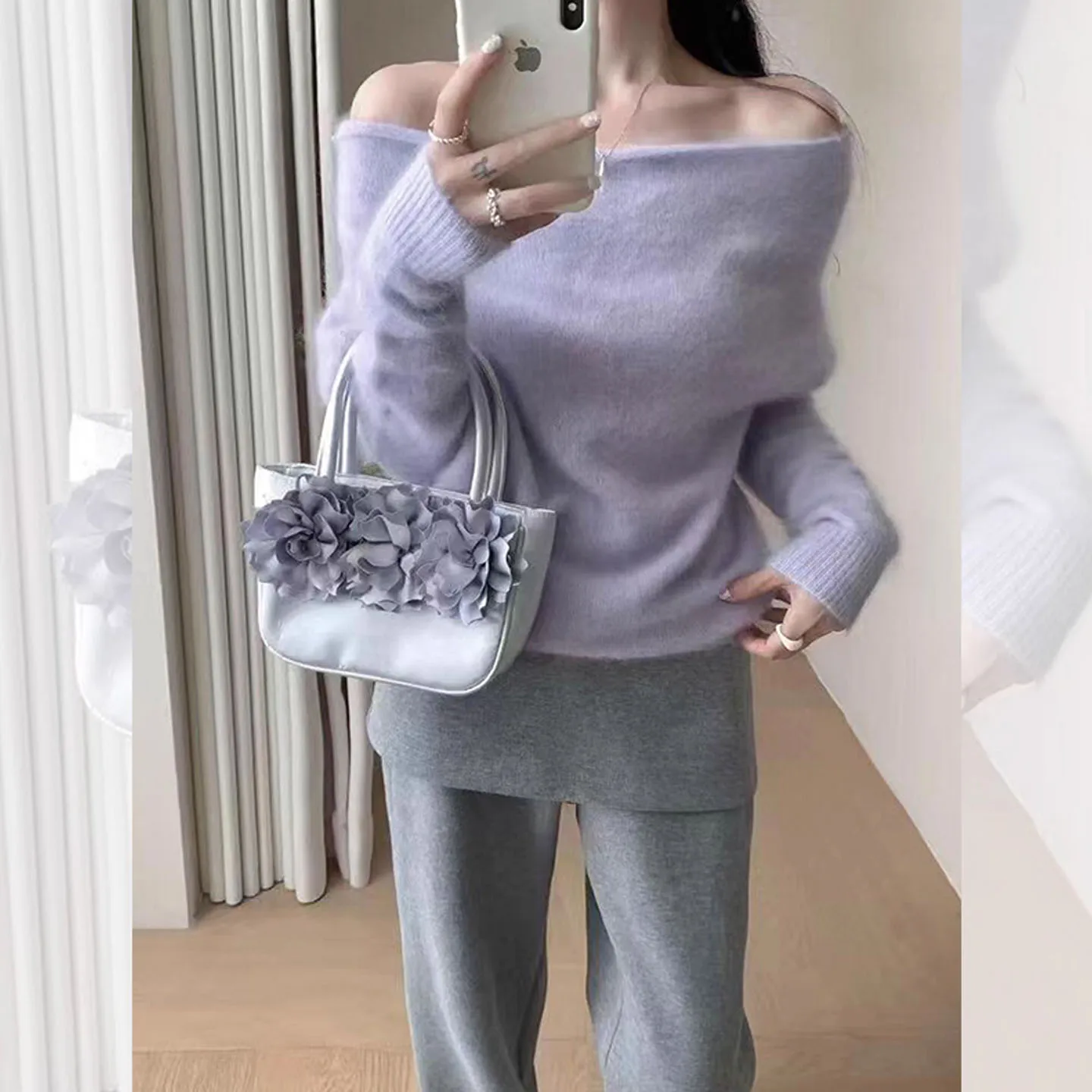 

Purple Soft Cozy One-oulder Camere Sweater Women's Autumn Winter Layering Design Sense Milkin Top Women's Knitwear