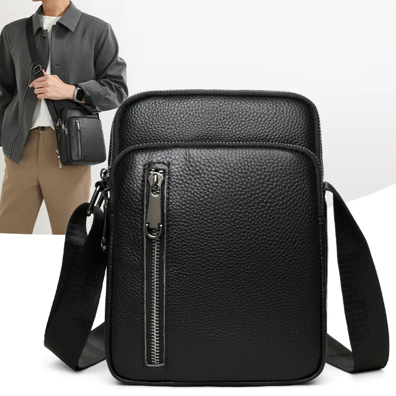 Men's casual genuine leather single-shoulder bag, simple business crossbody bag, waterproof commuting small square bag