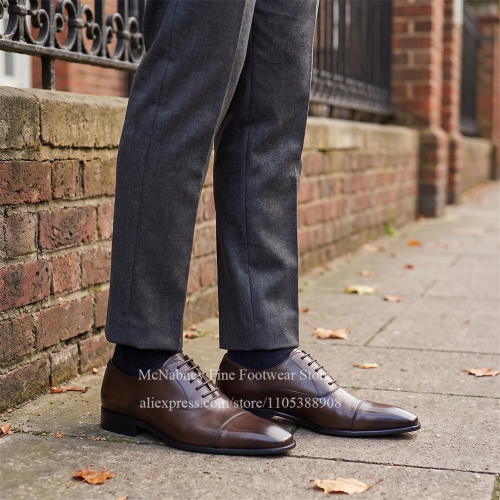 Matte Leather Pointed Cap Toe Lace up Oxford Shoes Men Elegant Luxury Formal Shoes Wedding Party Office Gentlemen Dress Shoes