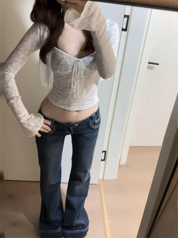 

Элегантный женский комплект с кружевной отделкой, приталенный, с длинными рукавами, с завязками на талии, повседневный, модный, для офиса, осенне-весенний стиль