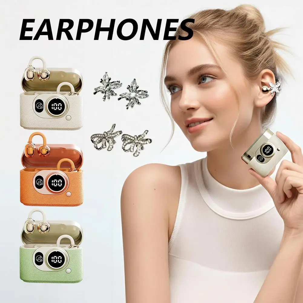 Clip-on Wireless Bluetooth Retro Camera Clip-on Ear With Charging Case Ultra-long Battery Life LED Digital Display