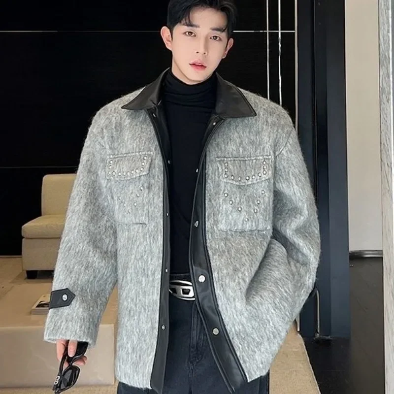 

Autumn Winter Retro Contrast Color Pu Leather Splicing Wool Coat Men's Niche Metal Rivet Single Breasted Long Sleeves Jacket