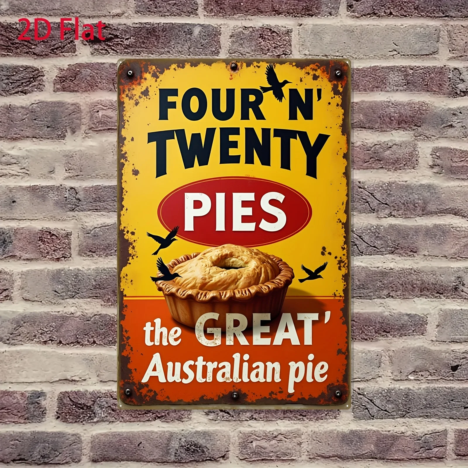 2D Flat Retro Australian Pie Tin Sign Wall Art Featuring The 