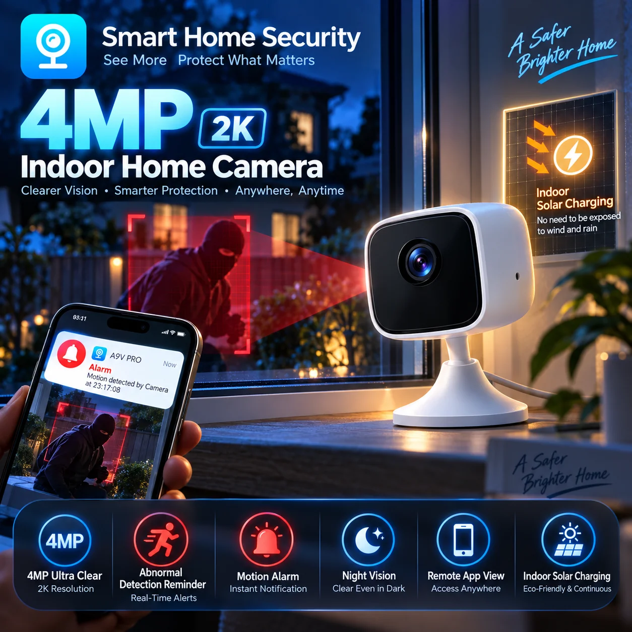 4MP Mini WiFi Indoor Security Camera Smart Motion Detection Two Way Audio Full Color Night Vision With Bracket