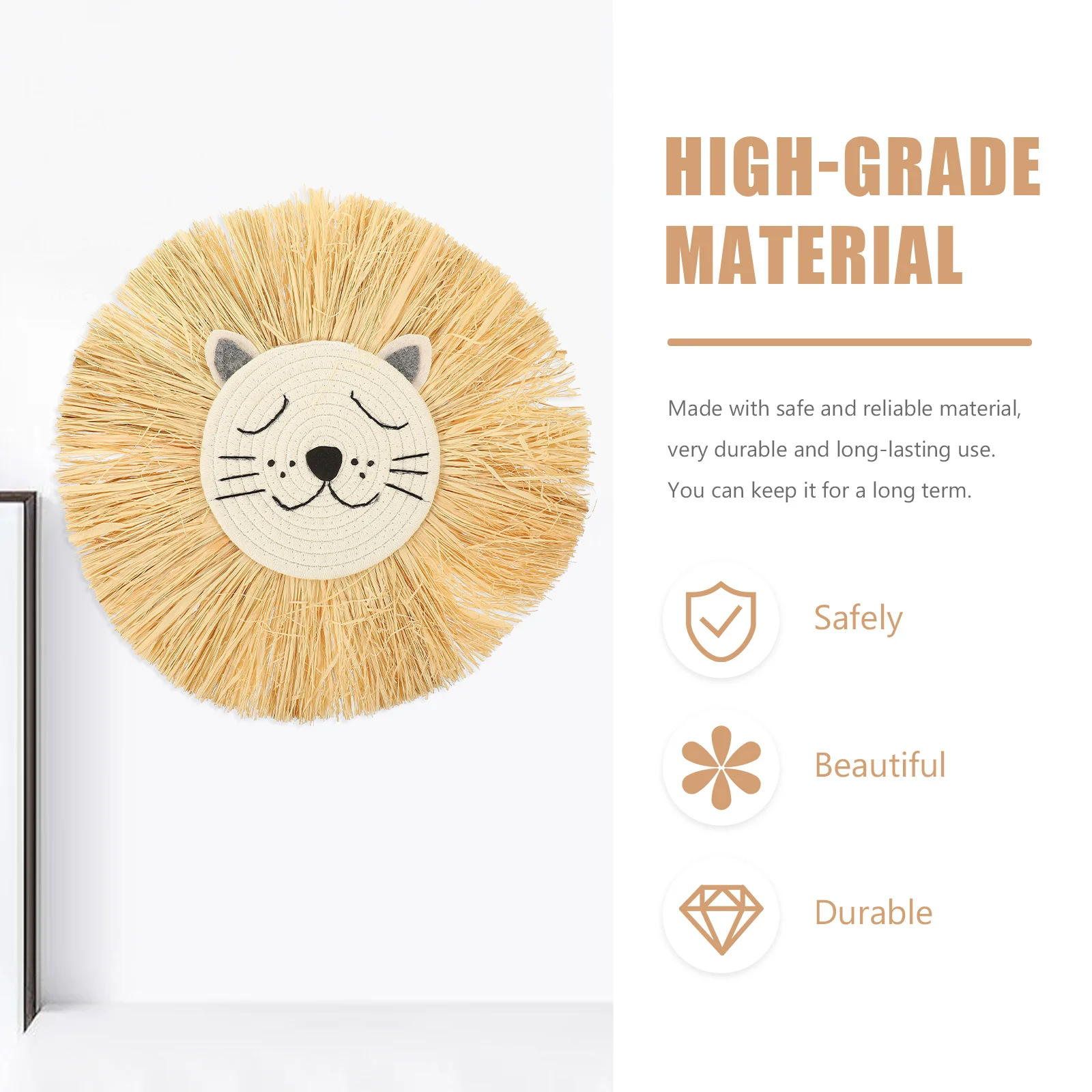 

Cartoon Lion Wall Hanging Lion Head Woven Ornament Rustic Style Home Decorative Pendant Bedroom Wall Art Nursery Room Decor