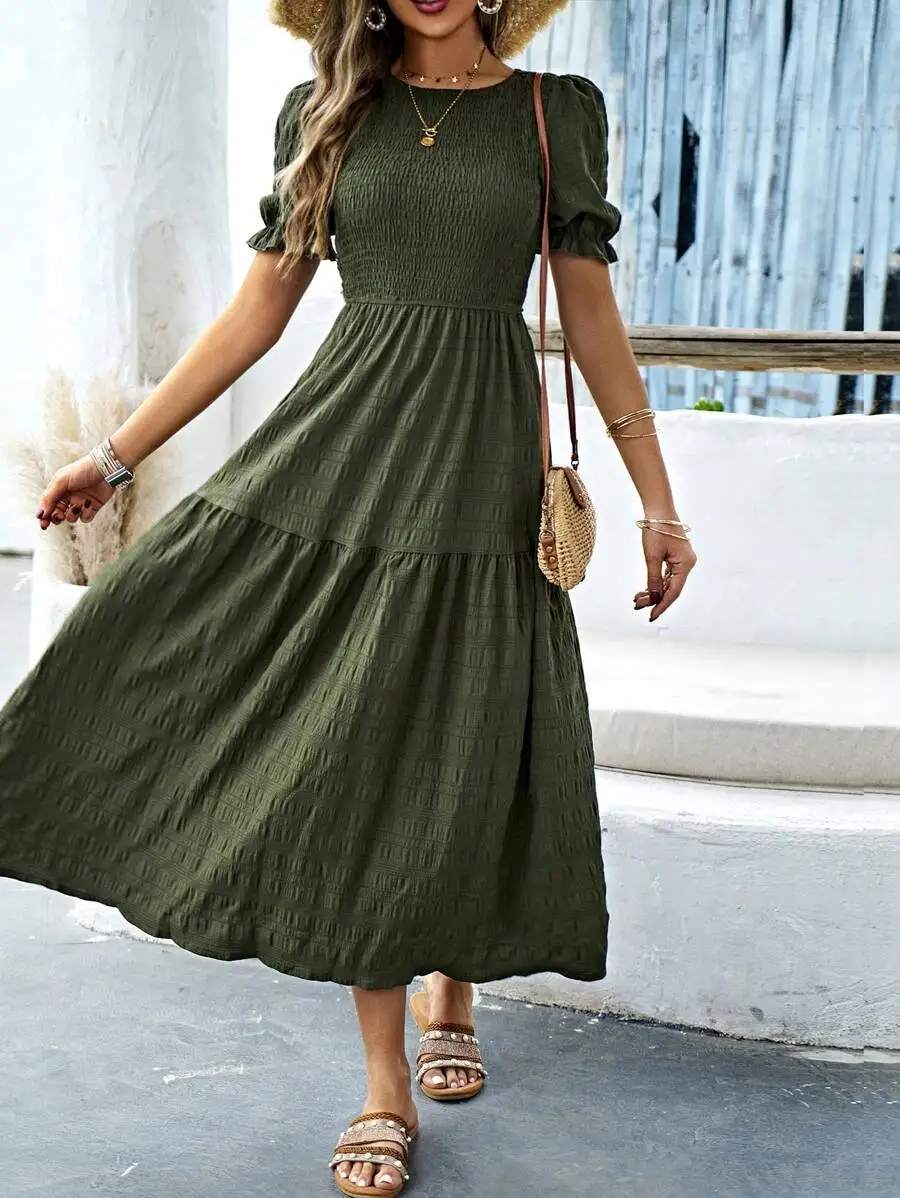 

Olive Green Pleated Maxi Dress with Puff Sleeves and Round Neck