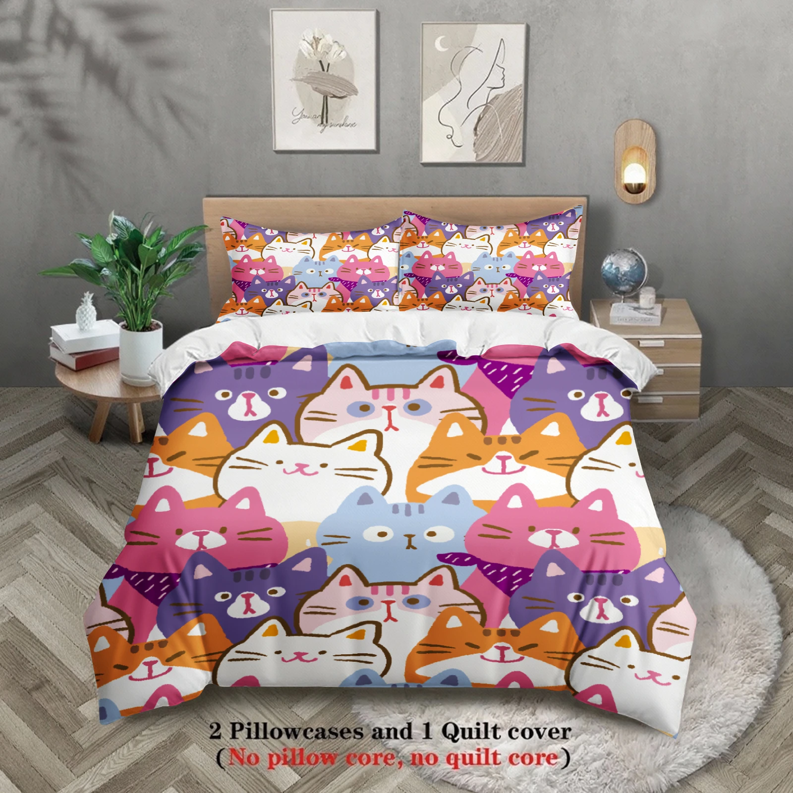 

3pcs Colorful Cats Duvet Cover Cartoon Cat Pattern 3DPrint Gifts For Students Girls 100%Polyester Bedding Sets With 2Pillowcases
