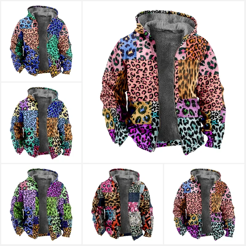 Street autumn winter fleece zip up hoodies original Leopard patchwork digital print men parka coat jackets outerwear sweatshirts