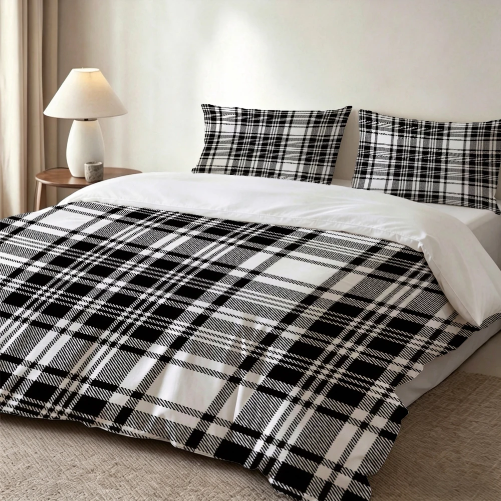 

3Pc High-Definition Digital Printed Bedding Set, Black and White Classic Plaid Pattern Duvet Cover Set, Printed Large Floral Pattern Duvet Cover Set, Includes 1 Duvet Cover + 2 Pillowcases, Suitable for Bedroom, Guest Room, Home Decoration, Polyester Fibe