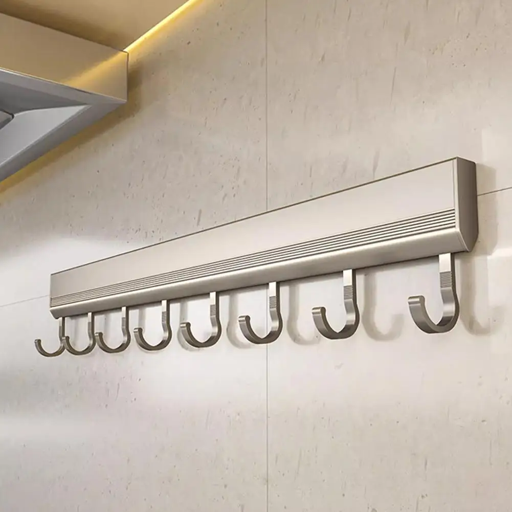 Wall Mounted Kitchen Hook Rack Self-adhesive Hangers Rail Sliding Kitchen Utensils Spoon Shovel Chopping Board Robe Towel Hooks