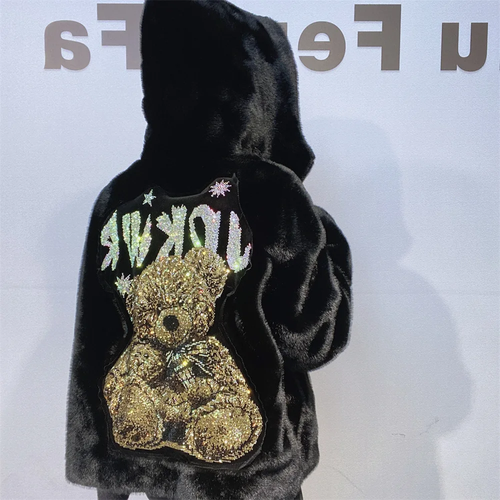 جديد الشتاء الكرتون الدب فو الفراء هوديس معطف امرأة معطف فرو المنك Y2k الملابس الدفء اليابانية الكورية موضة المتضخم القمم