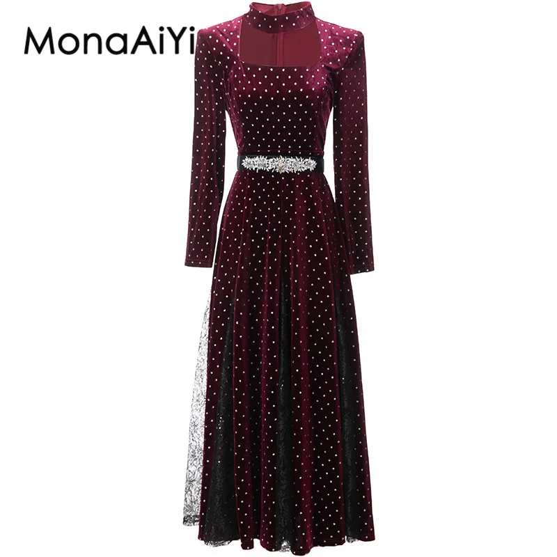 MonaAiYi-Robe rétro violette décontractée pour femme, col semi-ouvert, manches longues, ceinture à paillettes, créateur de mode, nouveau