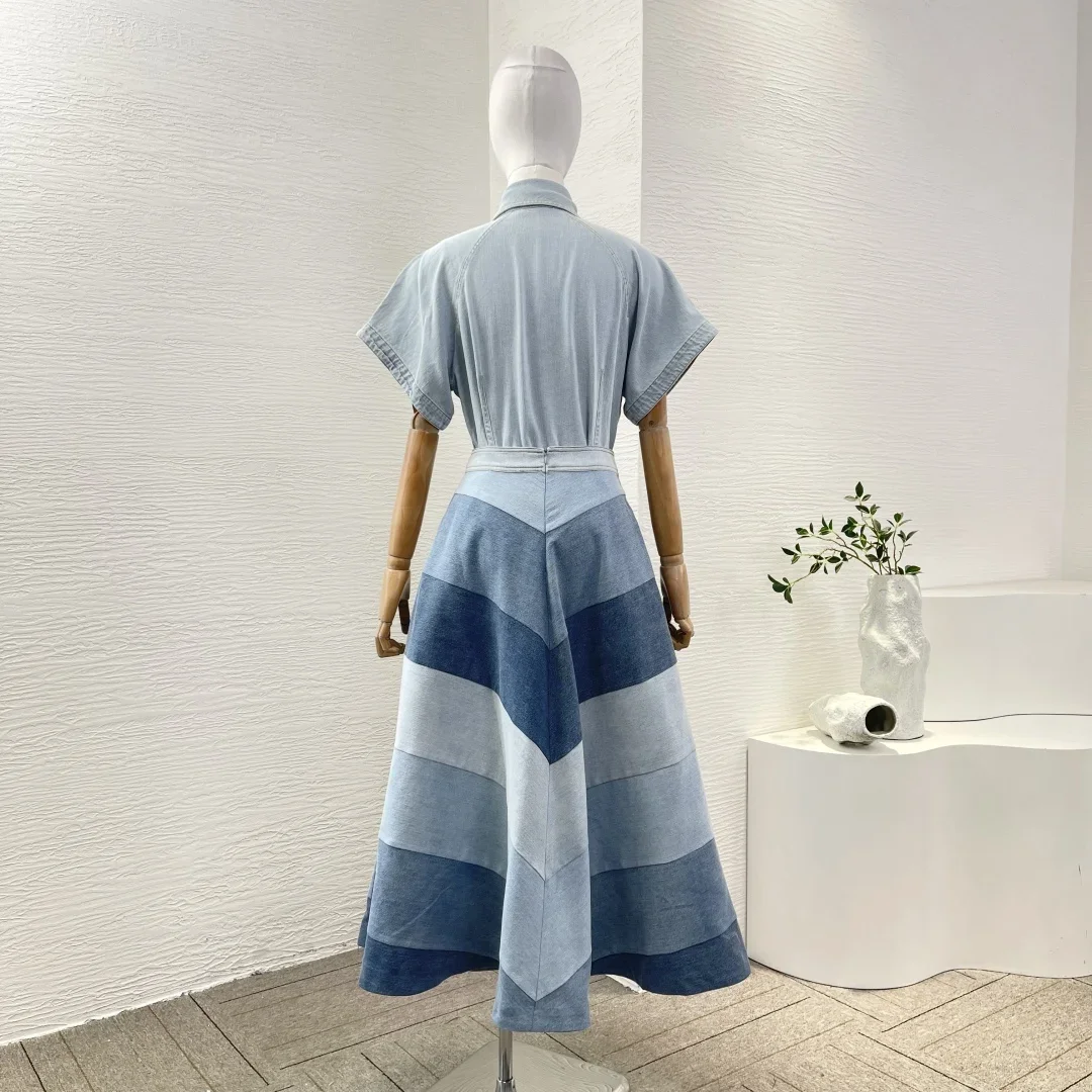 

New 2025 High Quality Blue Short Sleeve Jeans Denim Blouse Tops and Midi Skirt Set