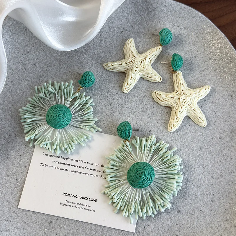 Straw Woven Earrings Sunflower Starfish Beach Island Resort Vacation Bold Statement Slimming Lightweight Durable Premium Women