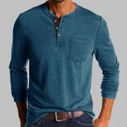 Spring/Fall New Trend T-shirt Men Elegant Fashion Button Half Open Collar Solid Color Long Sleeve Pocket Top Men Commuter Shirts