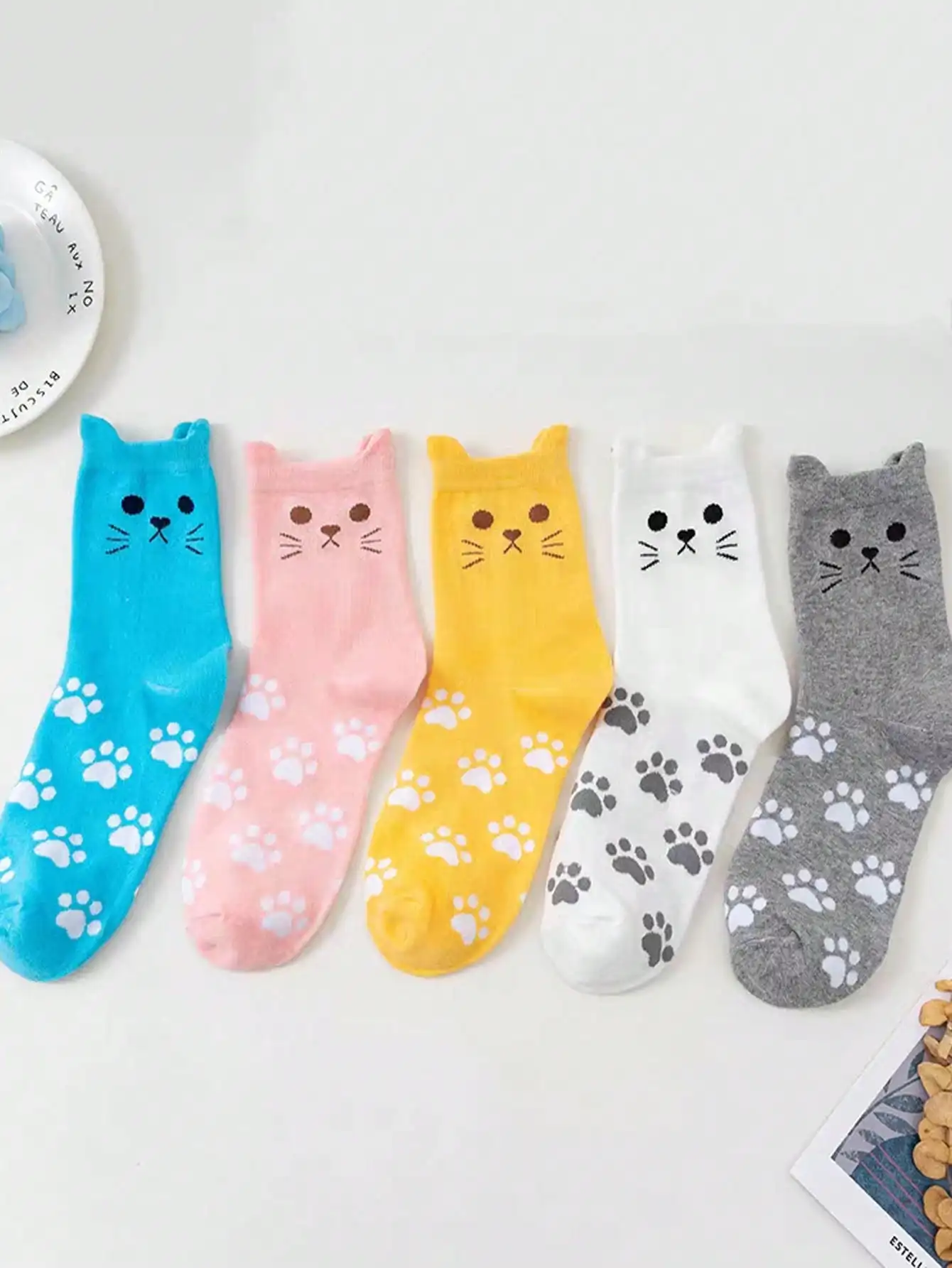 5 pairs of new animal puppy footprints cat print midtube stockings