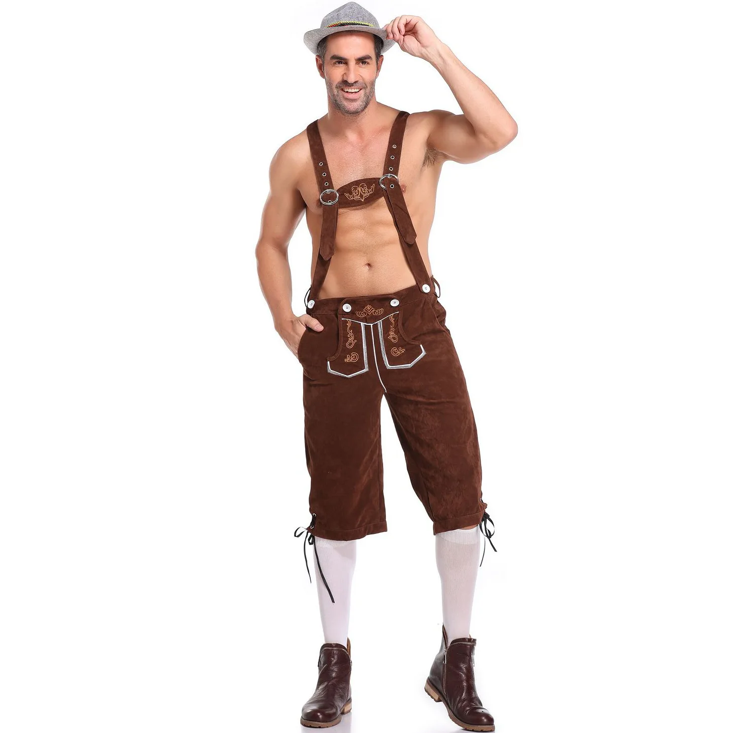 Oktoberfest trajes masculinos, shorts bávaros, calças, cosplay Ledhosen, festa de carnaval, traje de Halloween marrom e preto