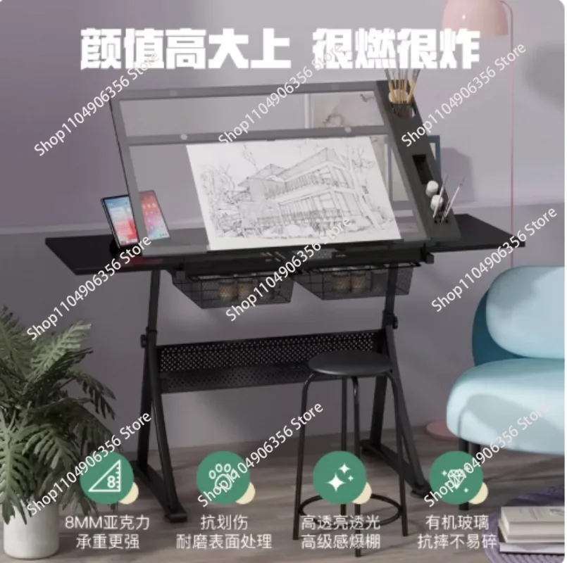 Adjustable Glass-Top Drawing Desk Creative Studio Work Table,Suitable Art Sketching,Drafting,Computer Graphic Design Manual Work