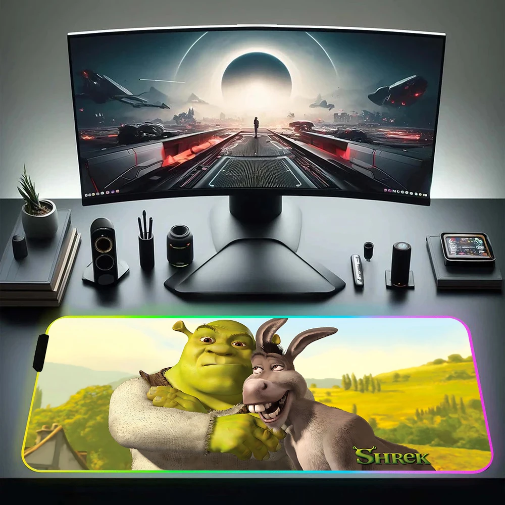 Funny S-Shrek Cartoon RGB Pc Gamer Keyboard Mouse Pad Mousepad LED Glowing Mouse Mats Rubber Gaming Computer Mausepad