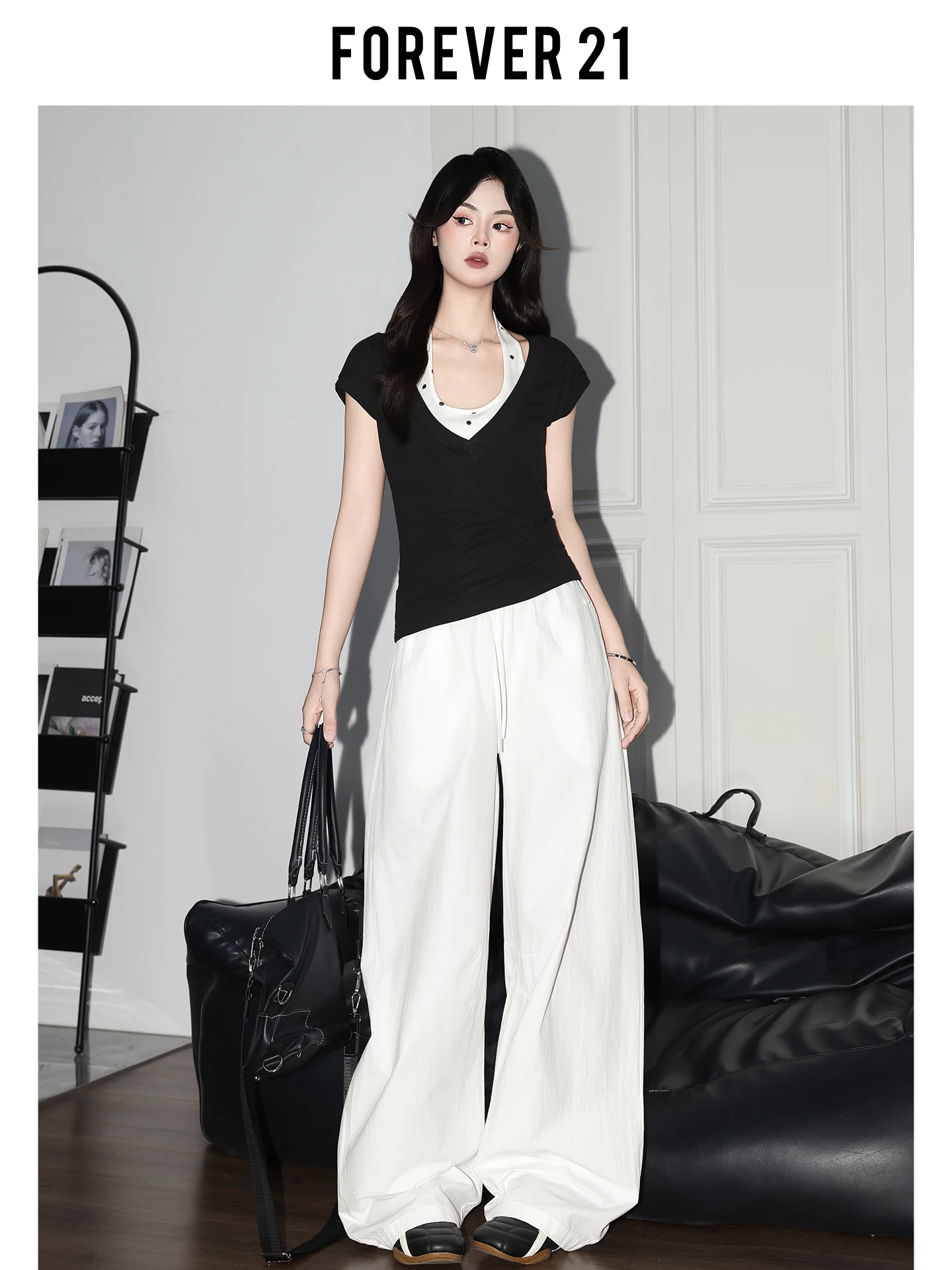 Pantalones Casuales de Pierna Ancha con Estampado de Lunares Blancos de Forever 21 para Mujer, Pantalones de Verano Holgados y Versátiles de Cintura Alta con Corte Drapeado