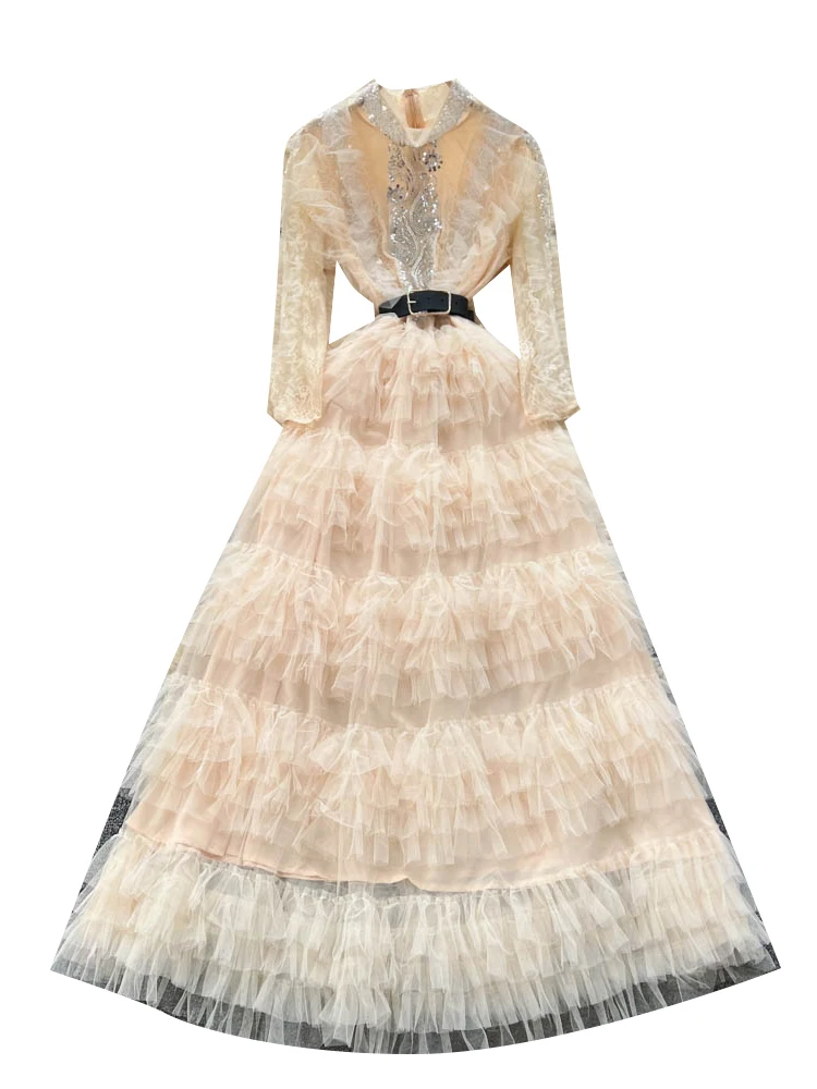 우아한 오버사이즈 비즈 자수 메쉬 퍼프 드레스 여성 슬림 하이웨이스트 롱 스커트 한국 스타일 출퇴근 패션